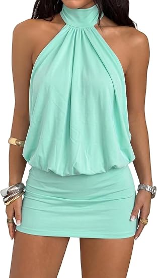 Women's Halter Mini Dress Y2k Backless Bodycon Club Night Cocktail Dresses