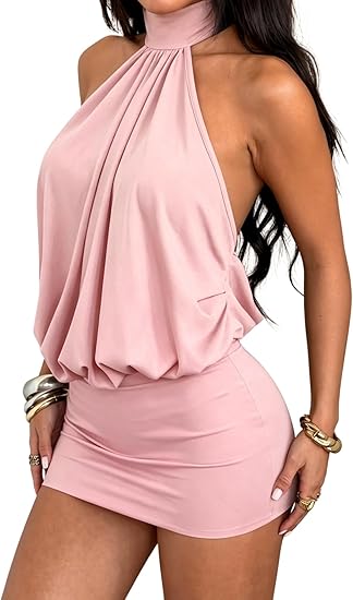 Women's Halter Mini Dress Y2k Backless Bodycon Club Night Cocktail Dresses