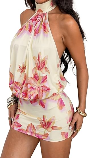 Women's Halter Mini Dress Y2k Backless Bodycon Club Night Cocktail Dresses